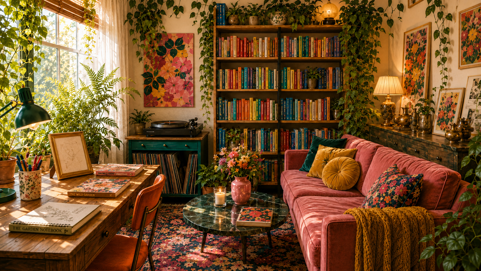 Niara’s studio: a plant-filled room with a bookshelf, record player, desk, and found objects
