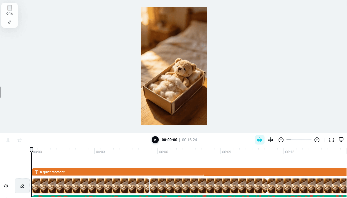 CapCut timeline for "a quiet moment..." — a bear asleep in a box on the timeline beneath a text layer reading the Short's title