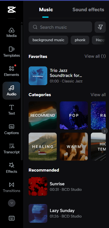 CapCut's Music panel, Favorites tab, showing a favorited track titled Trio Jazz Soundtrack in the Classic Jazz category
