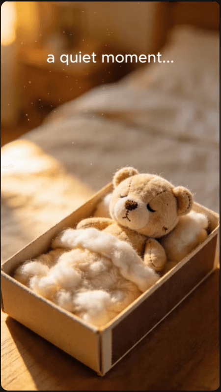 The finished "a quiet moment..." short — a tiny plush bear asleep in a cotton-lined box on a sunlit bed