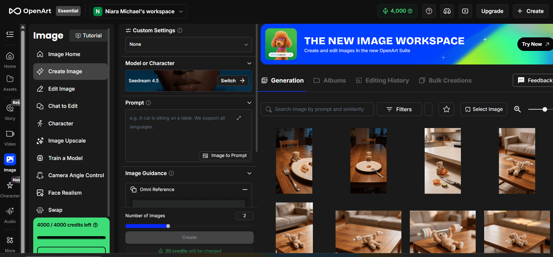 OpenArt's Create Image panel, model Seedream 4.5, showing a grid of alternate candidate generations from the series — a bear at a dinner table and a bear with a barbell, each with multiple variations