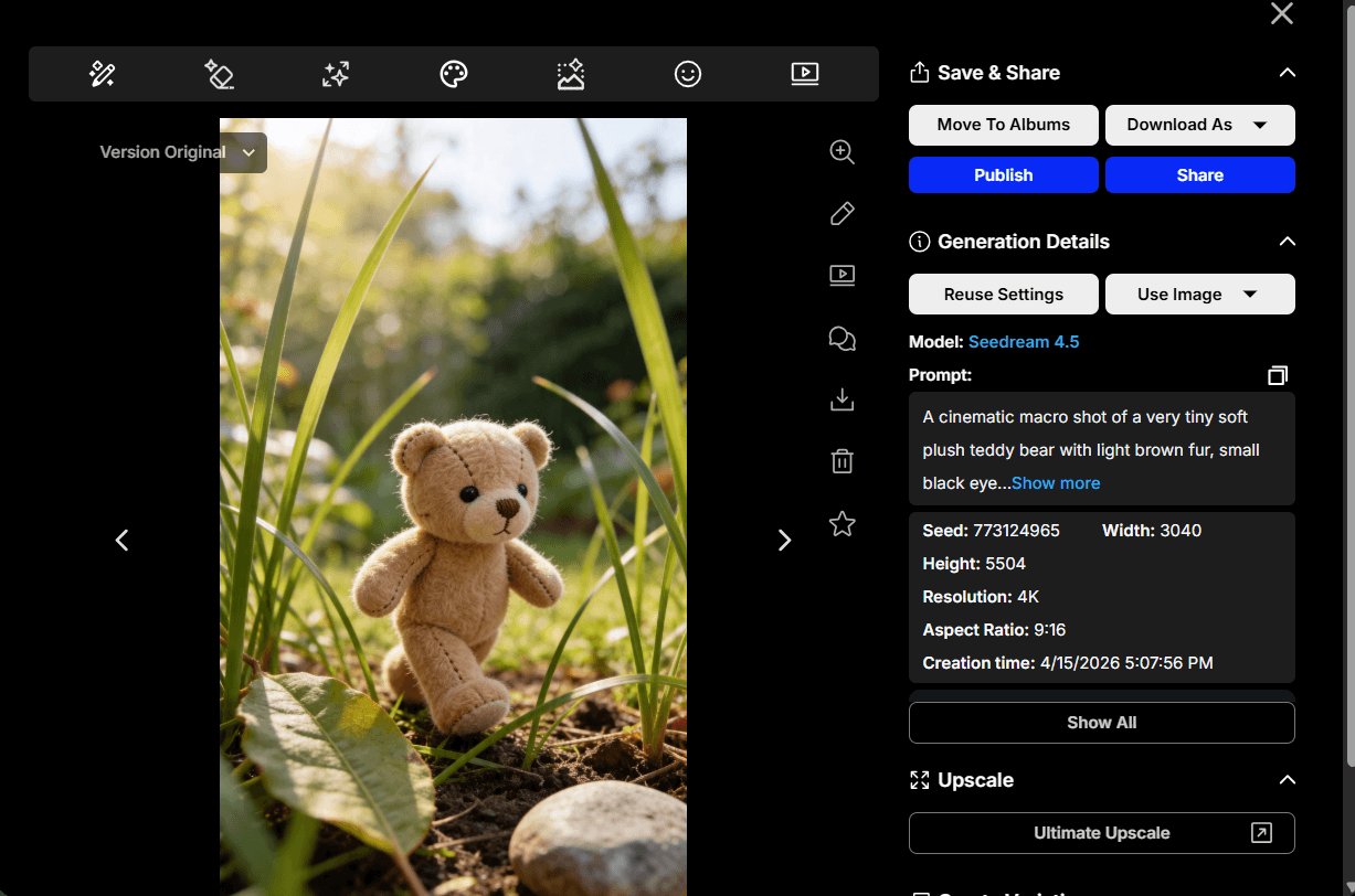 A single OpenArt generation's full detail panel — model Seedream 4.5, real prompt text, seed, resolution, and aspect ratio, for a bear-in-garden-grass image