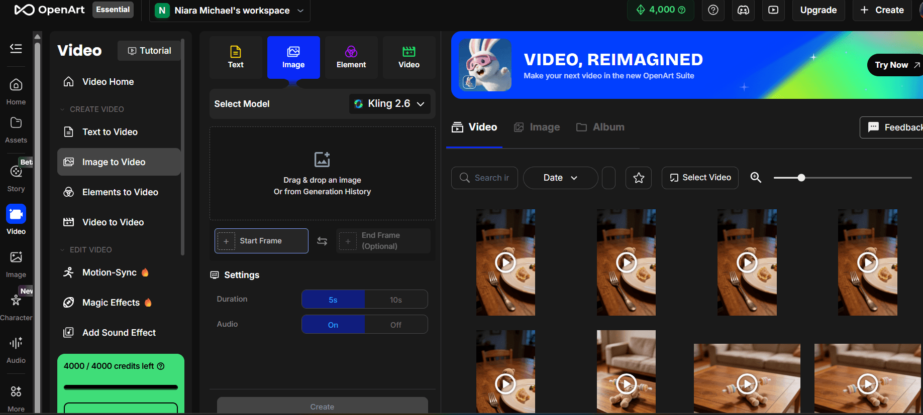 OpenArt's Image to Video panel, model Kling 2.6, with duration and audio settings, showing a grid of generated video clips from the series