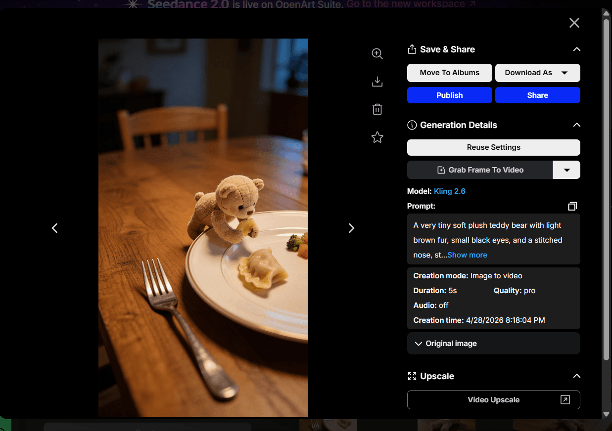 A single OpenArt video generation's detail panel — model Kling 2.6, real prompt text, 5-second duration, pro quality, for a bear-at-a-dinner-table clip