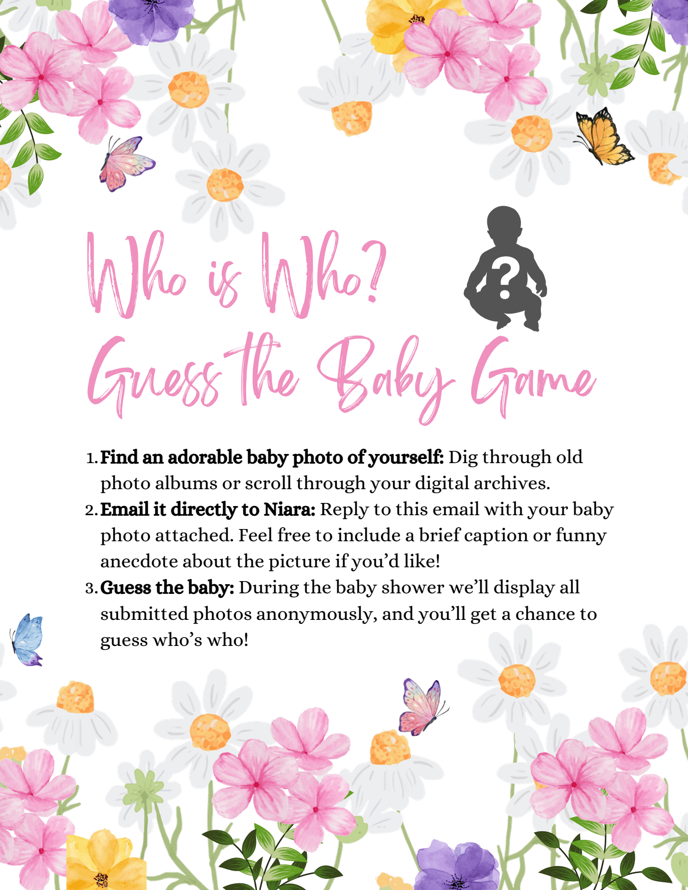 Guess Who baby photo activity instructions in the Babies in Bloom visual theme