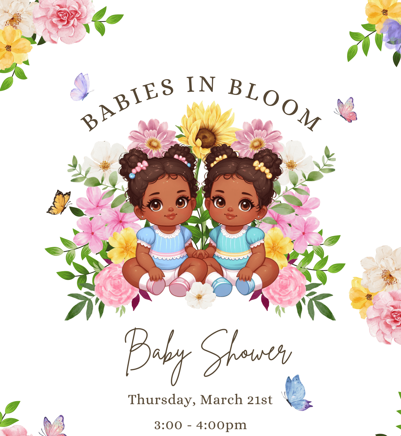 Babies in Bloom virtual baby shower invitation with illustrated babies and spring flowers