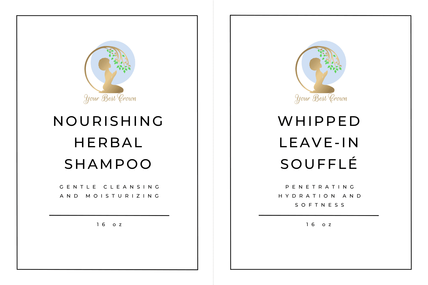 Your Best Crown shampoo and leave-in front label variations