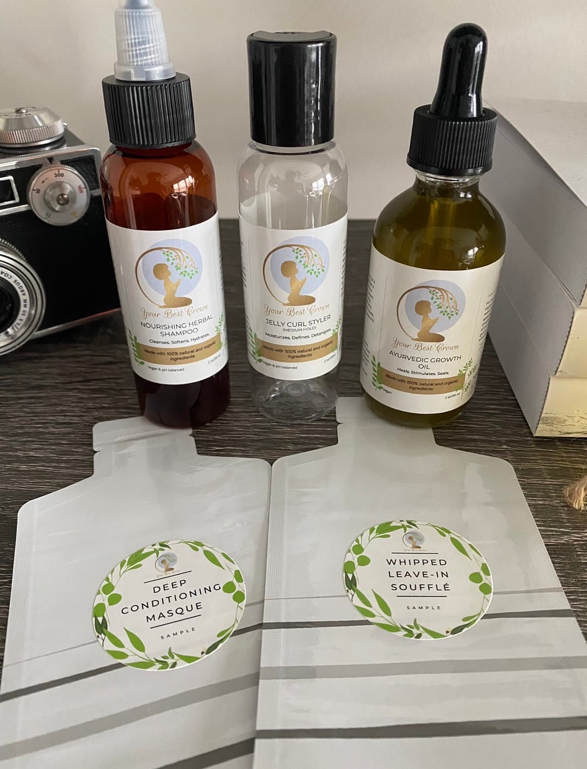 Your Best Crown labels applied to physical bottles and sample packages