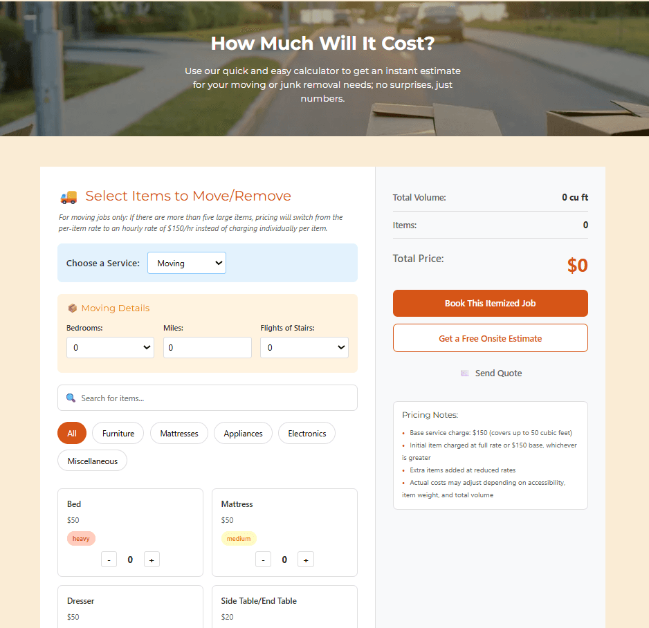 OuttaHere NC instant-quote calculator — selecting items to move or remove, with a live running total and price