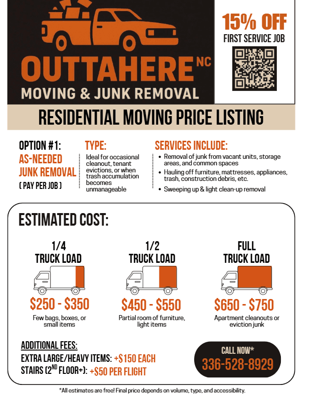 OuttaHere NC residential moving price listing, showing truck-load pricing tiers and additional fees