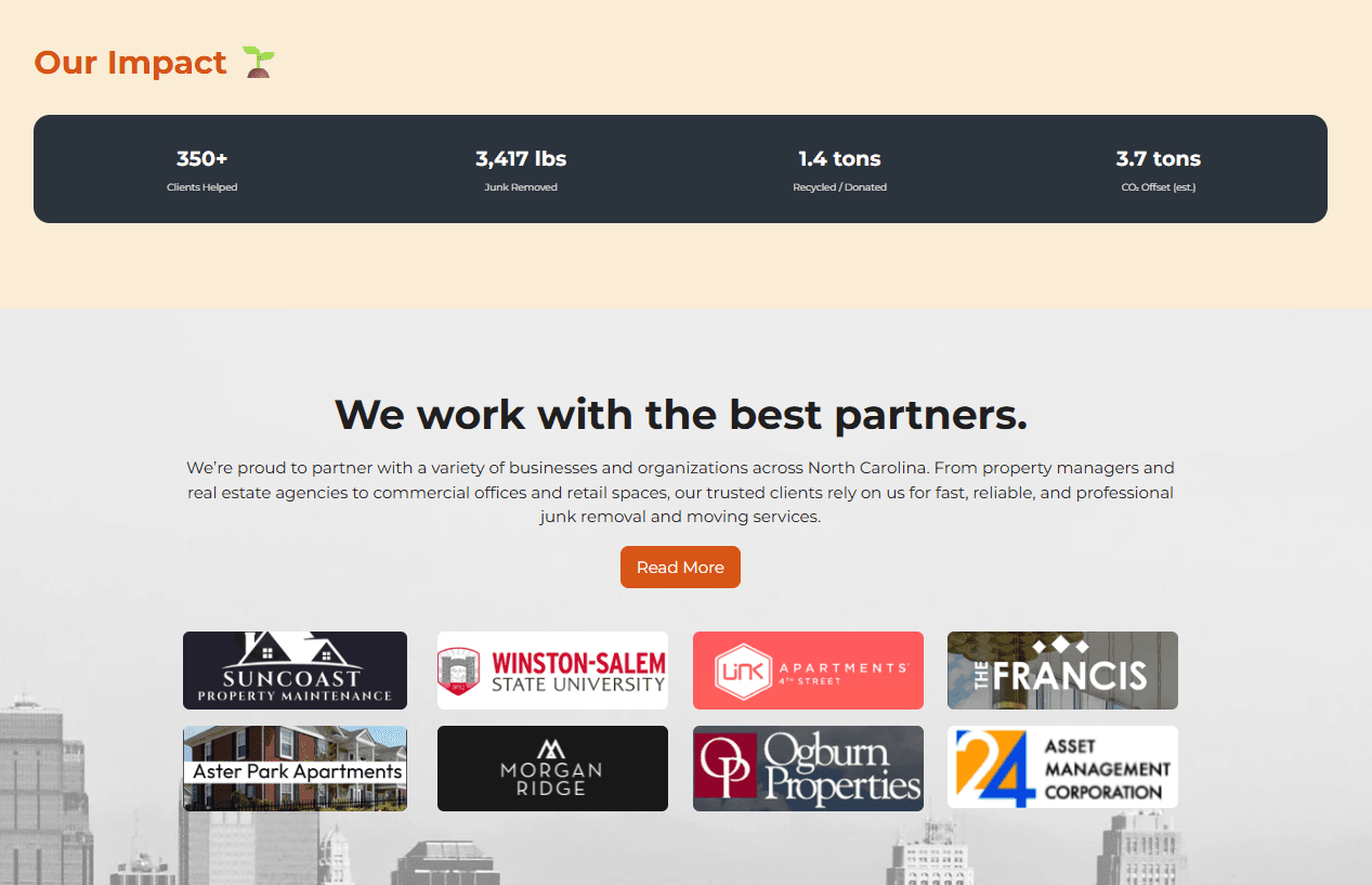 OuttaHere NC website — Our Impact stats and trusted commercial partners